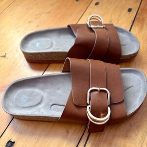 Women’s Brown leather boho Slide Sandals with gold buckle and cork sole size 36